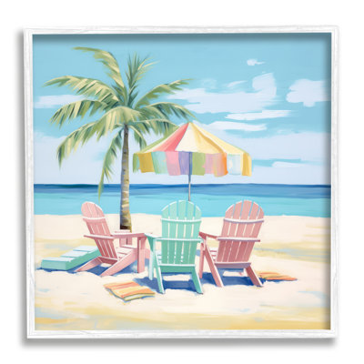 Bb-391-Framed Pastel Beach Umbrella Scene Framed On Wood by Irena Orlov Print