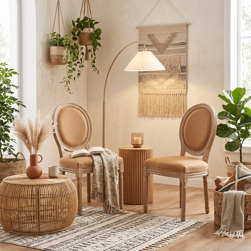 Ensemble de 2 chaises de salle à manger vintage françaises, chaises de cuisine recouvertes de tissu lin avec pieds en bois massif sculpté et coussins à ressorts en S