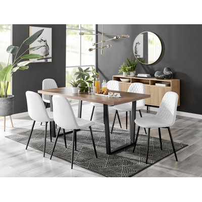 Kylooe Modern Brown Wood And Black Metal Dining Table Set With 6 Luxury Faux Leather Dining Chairs