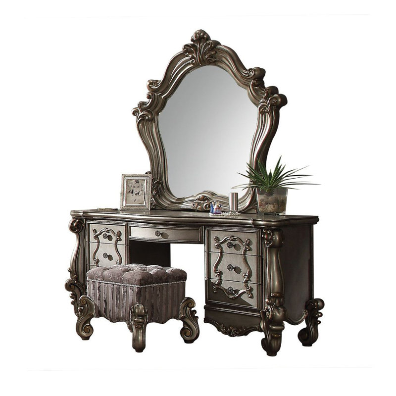 7 Drawers Wooden Vanity Desk With Metal Handle In Antique Platinum, Bone White