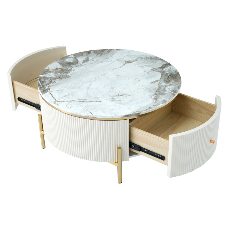 Table basse moderne avec 2 grands tiroirs de rangement Modern (table basse incluse, sans chaises), Blanc cassé