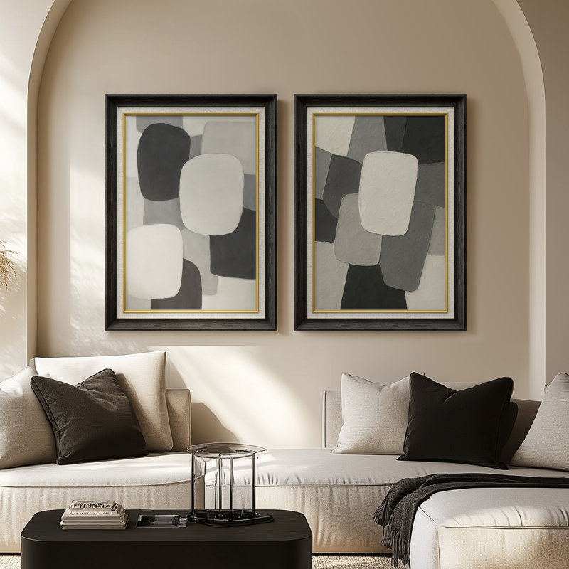 Neutral Geometric Shapes Modern Abstract Wall Decor – Set of 2 Premium Framed Wall Art Print on Paper 26"x36", Black