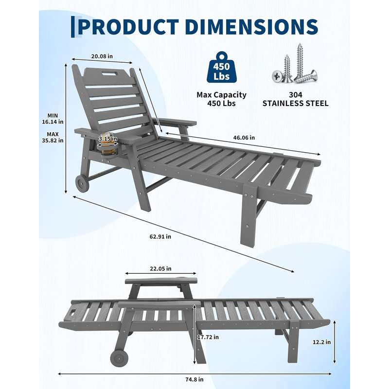 Chaise longue 2 pièces en PEHD, dossier à 5 positions, Gris, Gris