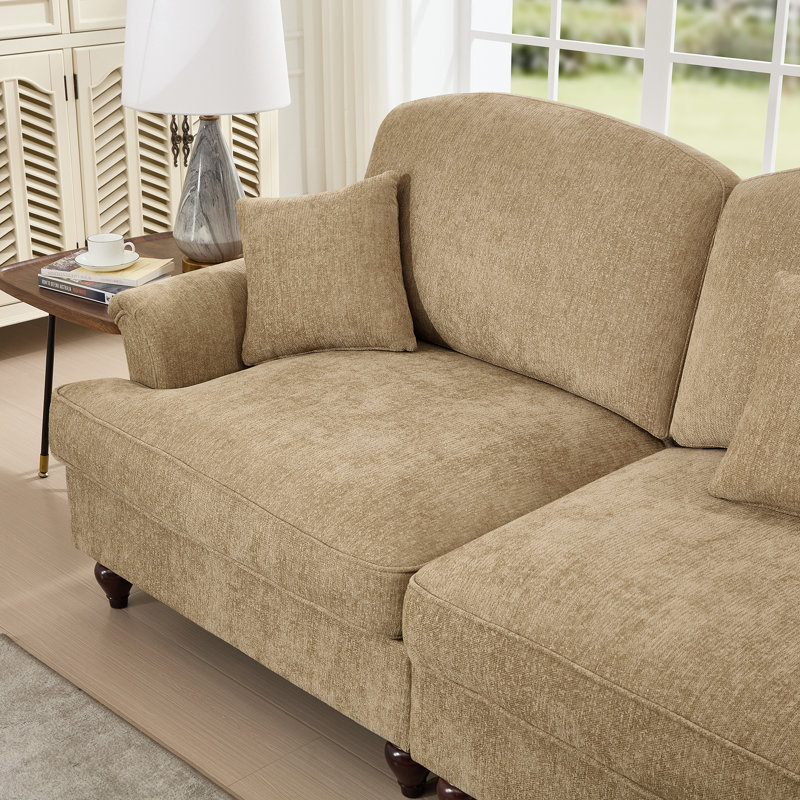 Canapé modulaire en L Mid-Century à trois places avec accoudoirs évasés et volants amovibles, tissu chenille, repose-pieds mobile, café clair
