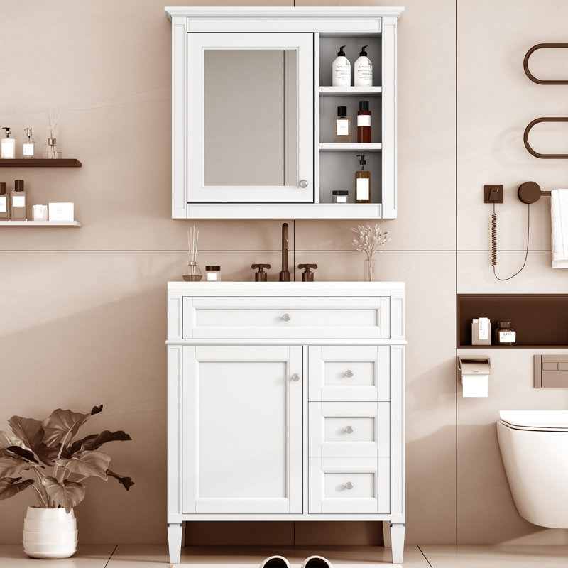 Meuble-lavabo noir 30 po avec lavabo supérieur intégré - armoire de rangement moderne élégante avec 2 tiroirs, tiroir coulissant et armoire à miroir