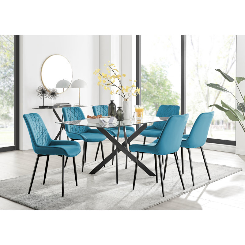 Lenworth Luxury Chrome and Glass Rectangular Dining Table and Chairs - x6 Velvet Chairs Metal Leg