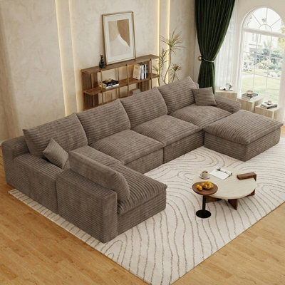 136" U Shaped Modern Sofa Modular Sectional Cloud Couch with 2 Ottoman,Upholstered Couches with Plush Corduroy Fabric for Living Room Furniture,Bedroom and Apartment,No Assembly Required