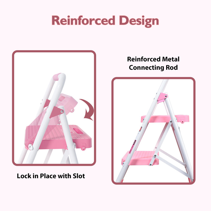 Artique 2 - Step Folding heavy duty Step Ladder, White/Pink