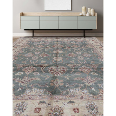 Tapis vert et doré de haute qualité noué à la main
