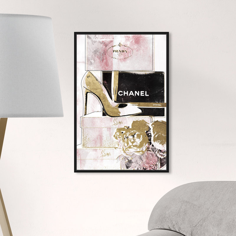 " Luxury Stacked Shoes Rose ", 24" H x 16" W, Black Framed