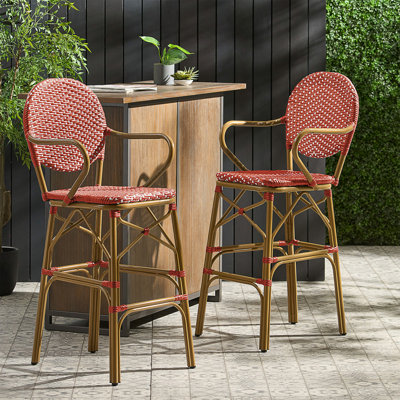 Outdoor Wicker And Aluminum 29.5" French Barstools, Set Of 2