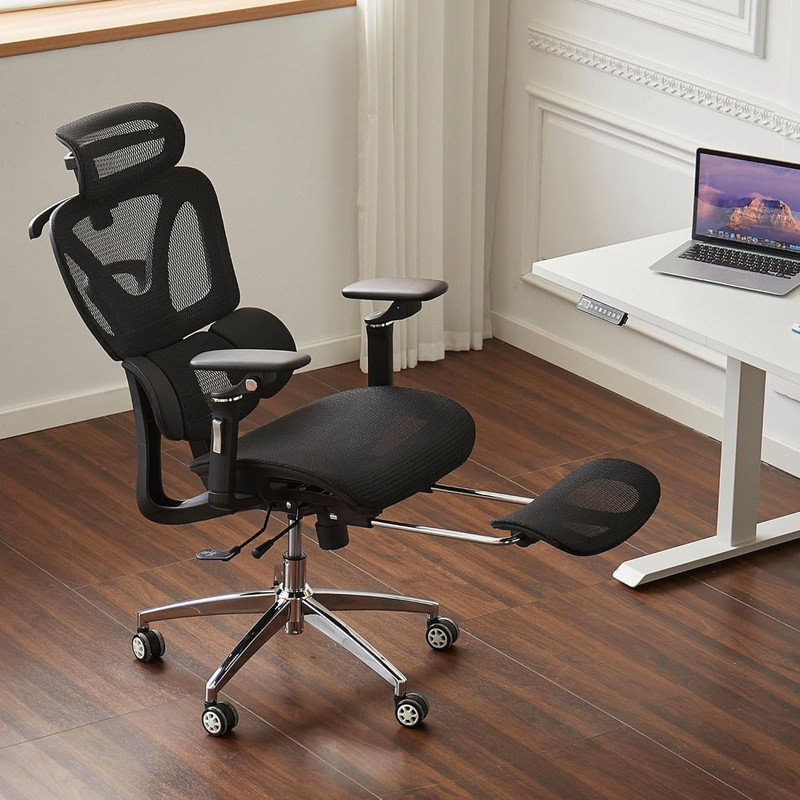 Ergonomic Office Chair with Footrest, Mesh Desk Chairs for Office 90-125° Recline Swivel Chair with Dynamic Lumbar Support and 3D Headrest, High Back