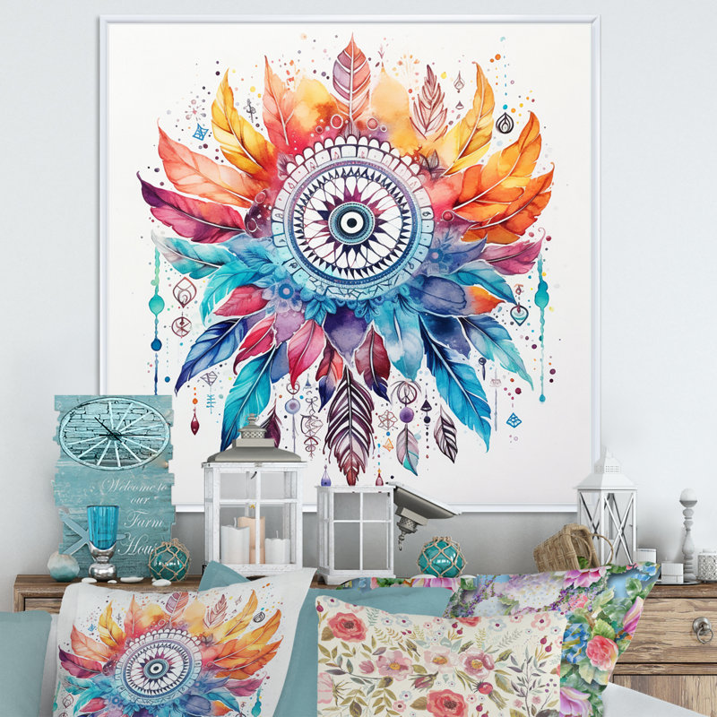 «Orange and Blue Boho Dreamcatcher Watercolor I», reproduction sur toile, Cadre flottant blanc, H 24 po x l 24 po x P 1 po
