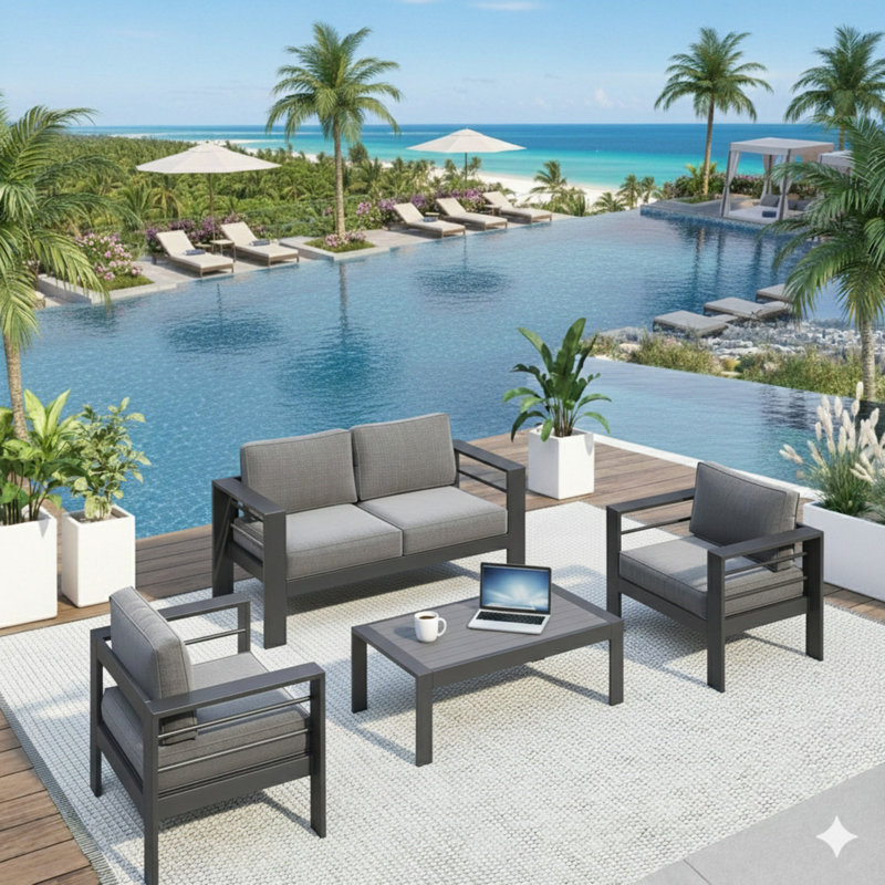 4-Piece Modern Aluminum Patio Conversation Set, 4-Seat Outdoor Sofa With  Thick Cushions & Frame And Coffee Table