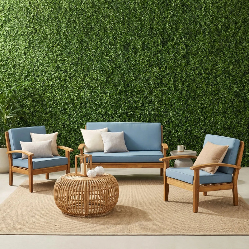 Shynel Acacia 4 - Person Patio Conversation Set with Cushions, Brown/Blue