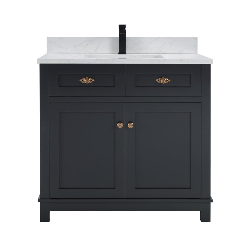 36" Solid Wood Sink Vanity With 1' Artificial Stone Top, Tricorn Black, Rose Gold