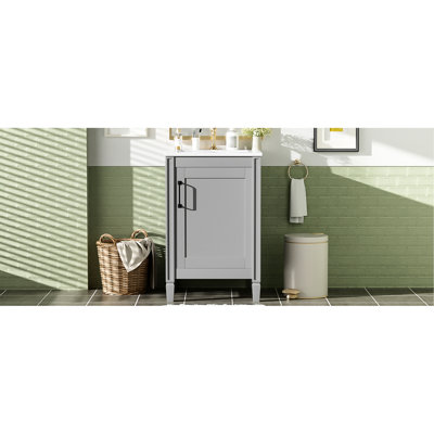 Meuble-lavabo gris de 20 po avec lavabo en céramique, pieds en bois massif, charnières à fermeture douce et rangement réglable en forme de U pour les petites salles de bain de couleur moderne, avec charnières, tablette Smart sur porte