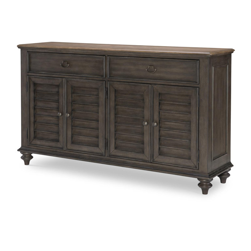 Kingston Louvered Server, 2 Drawers, 4 Doors w/1 Adj Shelf, Felt Lined Top Drawers, Silver Tray in RSF, Brown