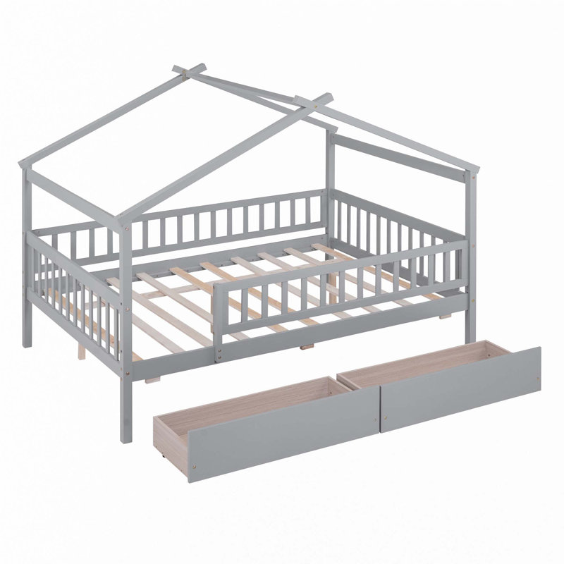 Lit en bois avec deux tiroirs, Gris, Double