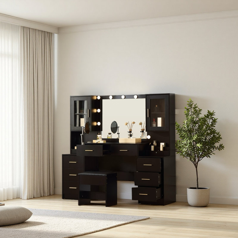 58.3 Extra Large Vanity Desk With Folding Up Mirror,makeup vanity table with mirror and lights,outlet and stool,dressing table with two makeup organizers,for bedroom