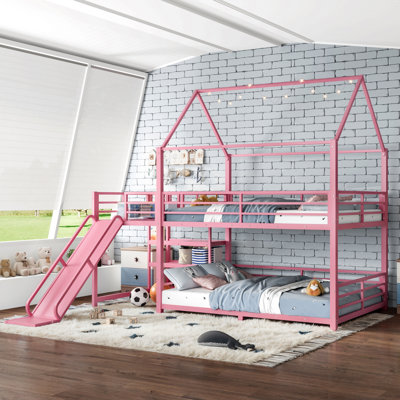 Lit superposé en métal avec escalier de rangement, glissade et rails de sécurité pour enfants