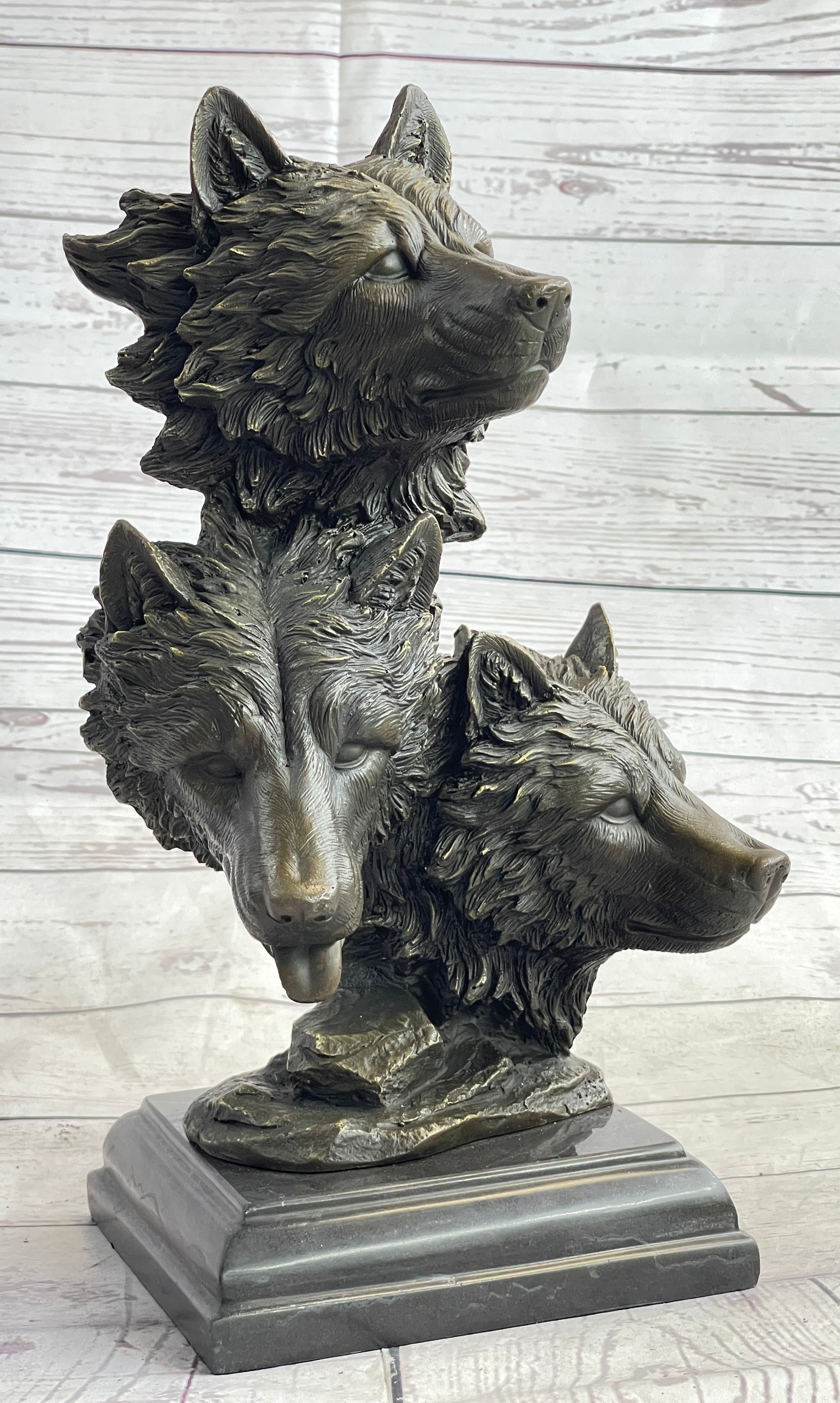 Millwood Pines Three Wolves Heads Bronze Wolf Bust Sculpture Statue