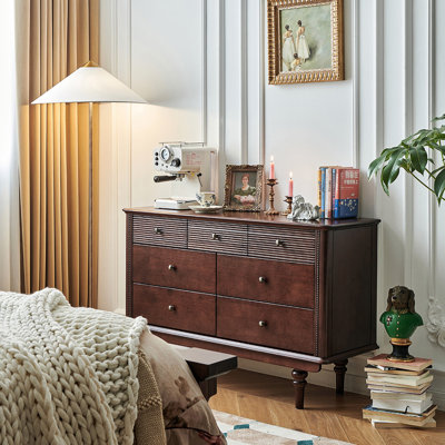 Freestanding Storage Chest with Vintage Fluted Drawer Fronts & Seven Drawers, Large Capacity Drawer Display Cabinet