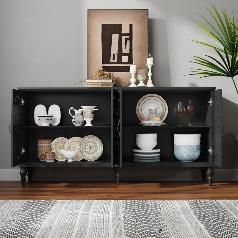 62" Vintage Buffet Cabinet with Adjustable Shelves and 4 Doors, Sideboard with Hollow Carved , Black
