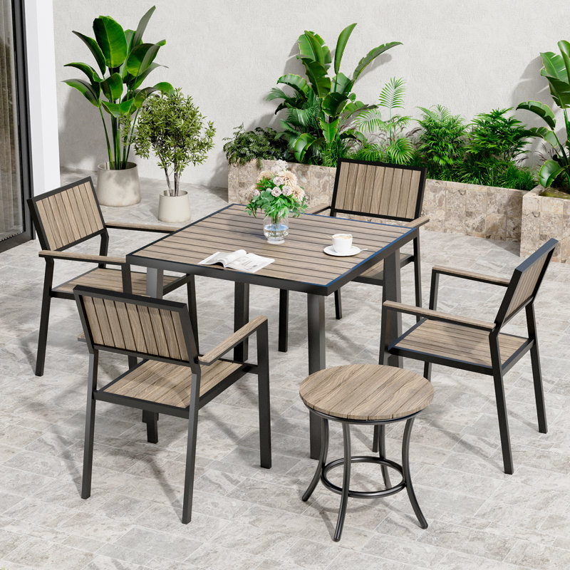 Ensemble repas d'extérieur en aluminium avec table de salle à manger, petite table d'appoint et chaises empilables Loddon, 4