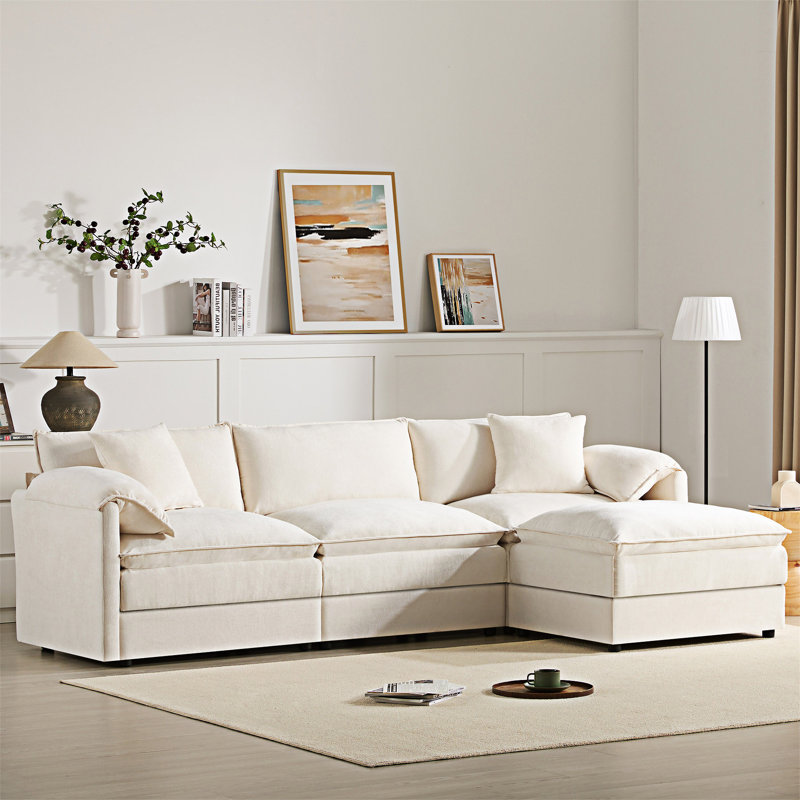 Modular Sectional Sofa With Movable Ottoman, Cream Chenille