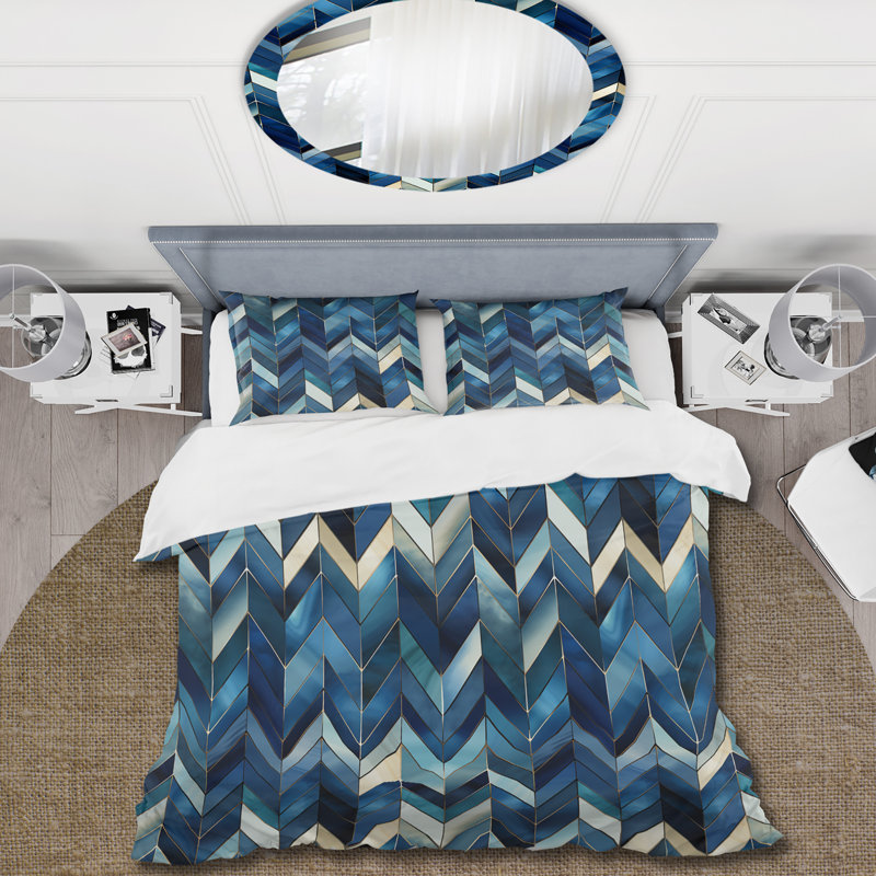 Ensemble de housse de couette à chevrons rétro bleu cobalt, Housse de couette simple + 1 taie décorative stan