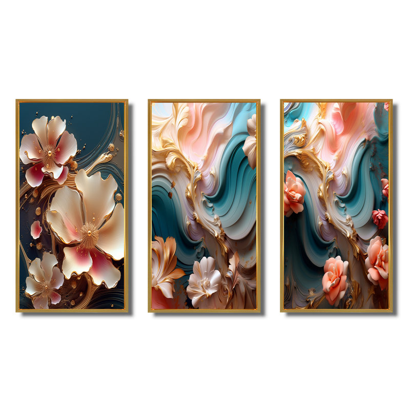 «Blooming Pink Magnolia Abstract Flower On Blue», 3 pièces sur toile, Cadre flottant doré, H 20 po x l 36 po