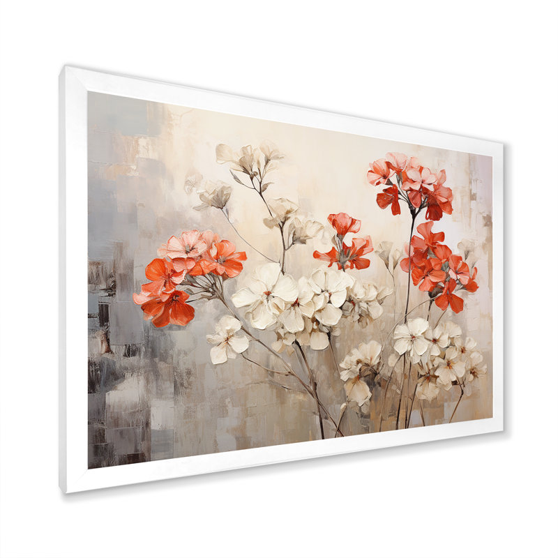 Minimaliste rouge et beige géraniums I - art mural géraniums pour le salon, H 24 po x l 32 po x P 1 po, Cadre simple blanc