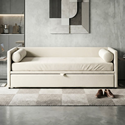 Upholstered Extendable Daybed With Pop-Up Trundle, 2-In-1 Sofa Bed Converts To Double, Beige Velvet