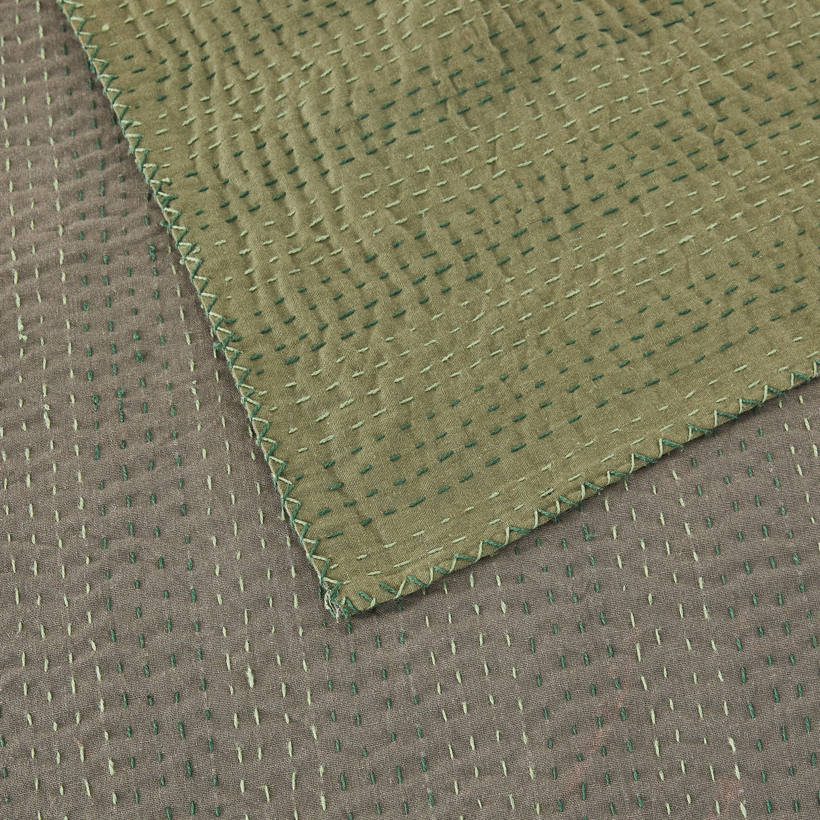 Soild Kantha Cotton Coverlet Set, Queen Coverlet, Green