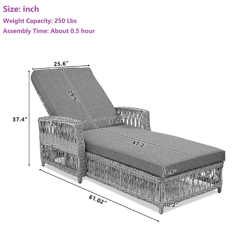 Outdoor Reclining All-Weather Rattan Chaise Lounge Chair Set, Cushion Included(Set Of 2), Gray, 2