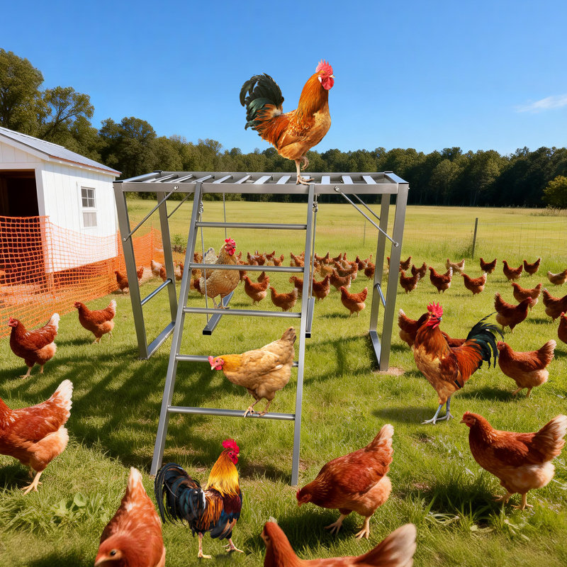 Poulailler en métal avec balançoire et barres à plusieurs niveaux - Ensemble d'échelles durable - Aire de jeu pour 8 à 10 poules - Accessoire de poulailler parfait pour les fermes de basse-cour - Gris argenté