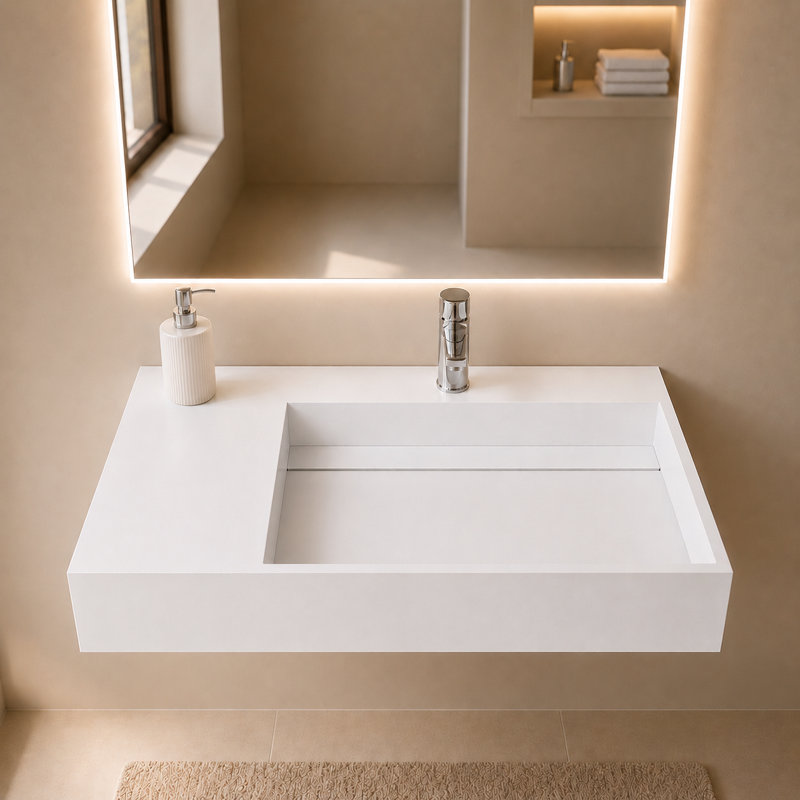 Juniper 30" Wall Mounted Solid Surface Floating Bathroom Sink with Concealed Drain Right Basin - White, White