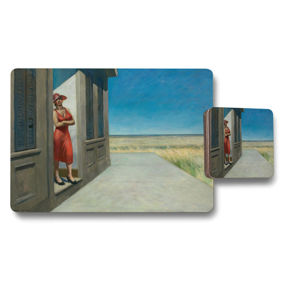Coastal Scene Placemat And Coaster Set With Red Dress Woman Artwork
