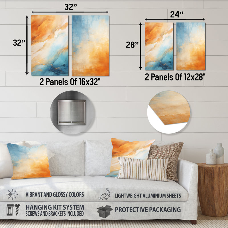 Mirage bleu et orange du désert II - Tachisme, ensemble de 2 impressions sur métal, H 28 po x l 24 po