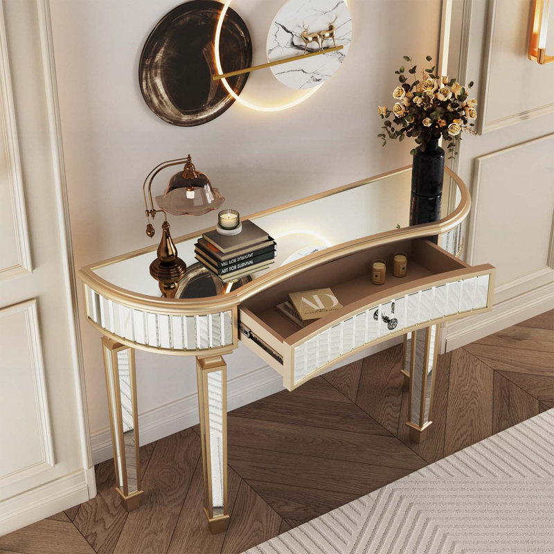Console à miroir en demi-lune de 47 pouces avec verre cannelé et poignée en cristal, parfaite pour le vestibule ou le meuble-lavabo de chambre à coucher