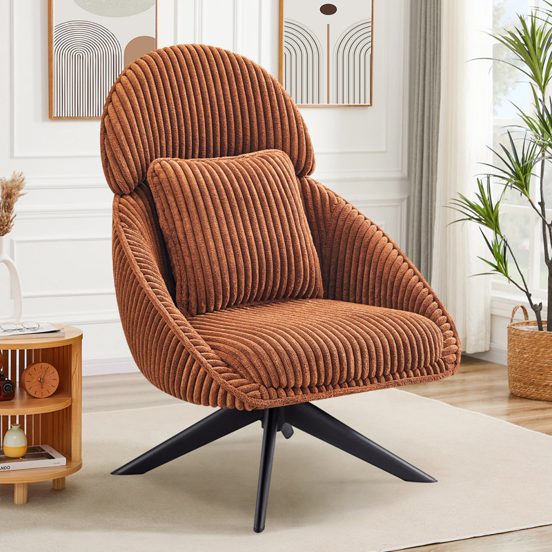 Fauteuil d'appoint pivotant avec coussin Areyah, Velours côtelé orange