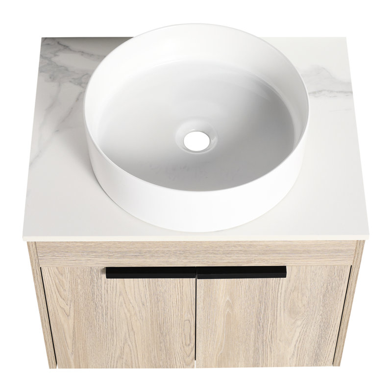 Meuble-lavabo mural moderne. Chêne blanc avec cuve en céramique et porte à fermeture en douceur pour bassin de rangement de 24 po. Une grande capacité