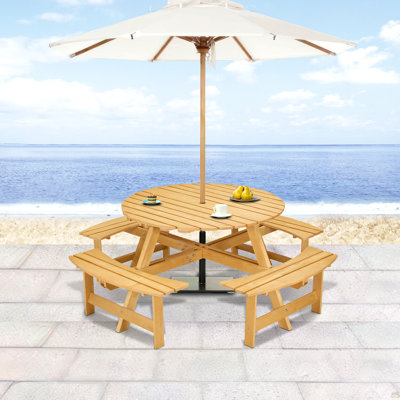 Ensemble de table de pique-nique 8 personnes avec 4 bancs intégrés et trou pour parasol