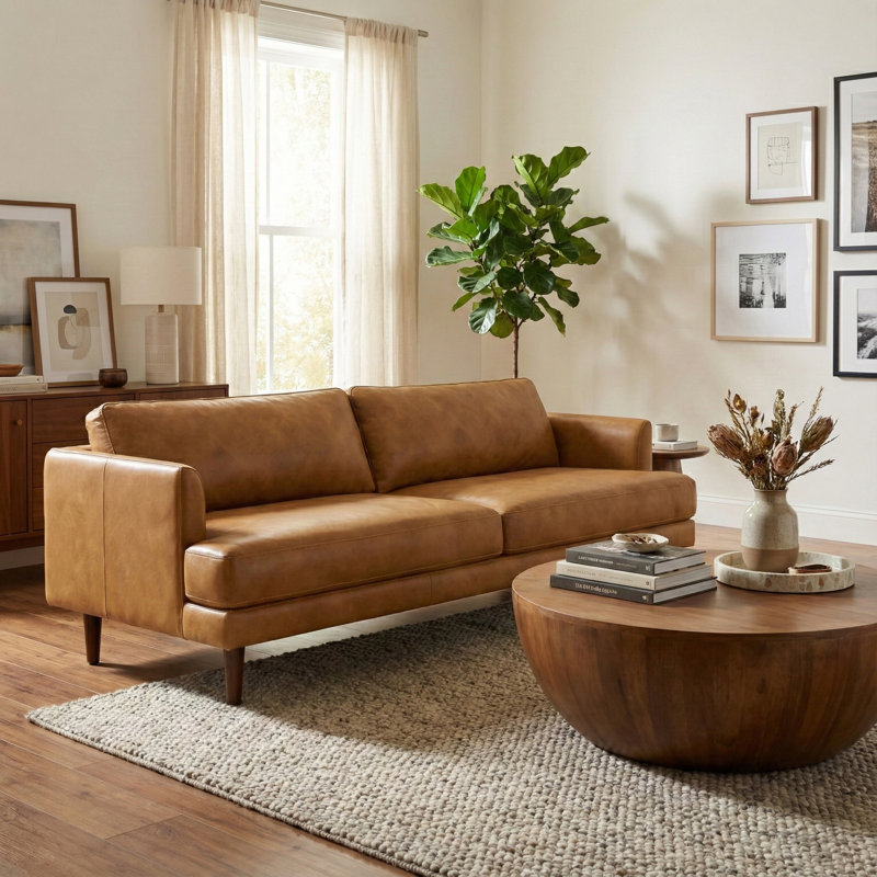 Canapé Mid-Century moderne en cuir véritable Livingston, L 90 po, Terre de Sienne