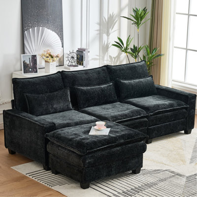 Canapé modulaire en chenille noir de 99 po pour salon en forme de L de 99 po, conception ergonomique, canapé modulaire en chenille noire à ressorts indépendants respirants pour salon, 4 sièges avec