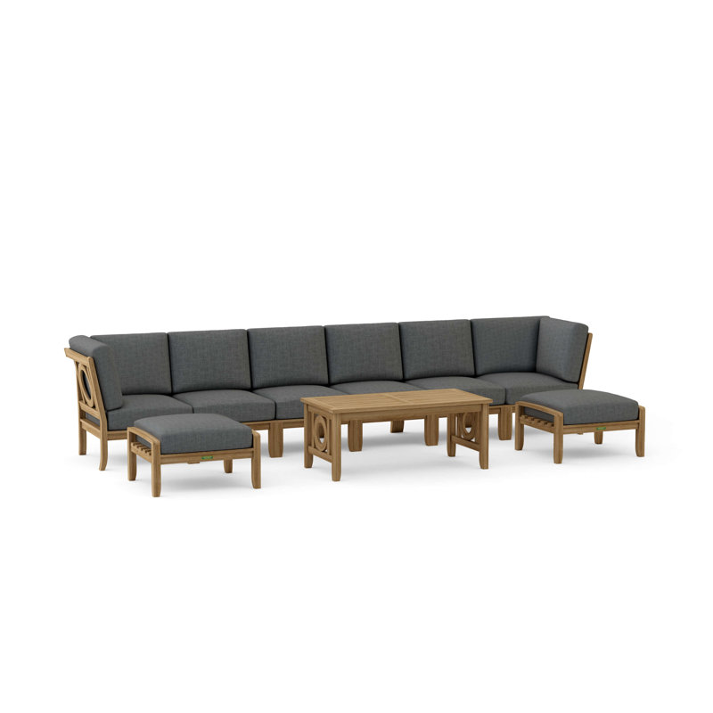 Natsepa Outdoor 10 - Piece Teak Conversation Set, 9Pcs: Table,4 Chairs, 2 Corner Chairs, 2 Ottomans, Dark Gray