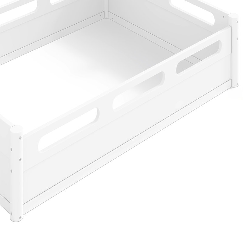 Lit plateforme double pleine grandeur avec garde-corps pleine longueur, base de lit double à profil bas, sans sommier tapissier, blanc
