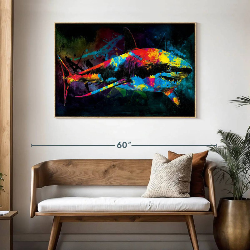 Grand requin blanc couleur grunge, Cadre flottant en bois naturel, 46 po x 31 po