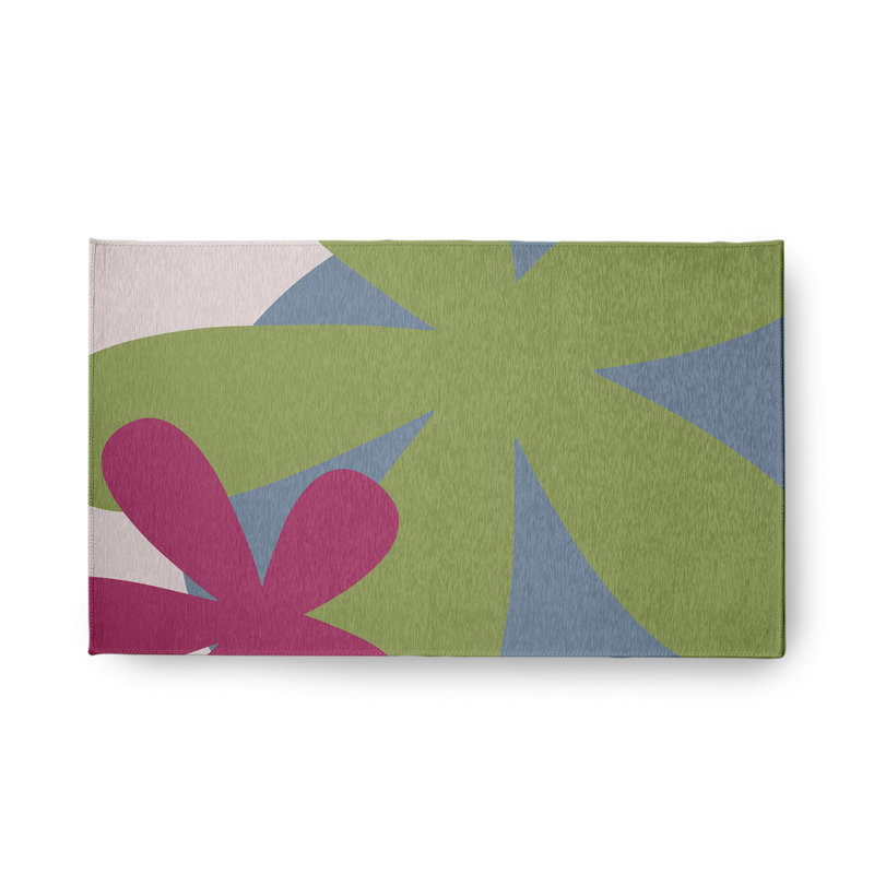 Tapis intérieur / extérieur en chenille tissé à la machine floral vert / rose, Rectangle 1 pi 6 po x 2 pi 6 po